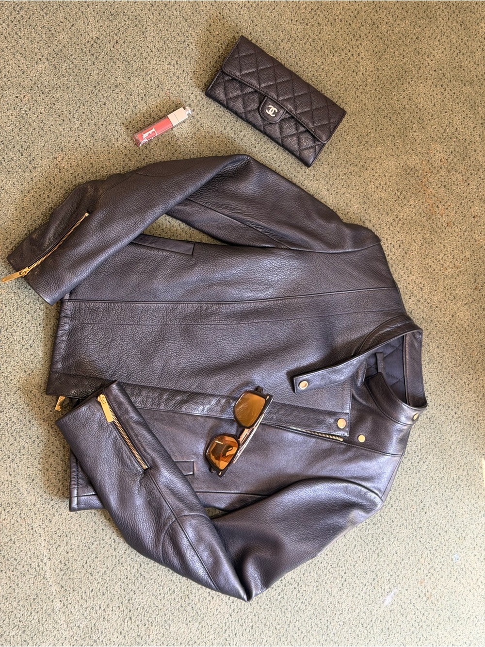 The Row Black Leather Moto Jacket with Gold Hardware